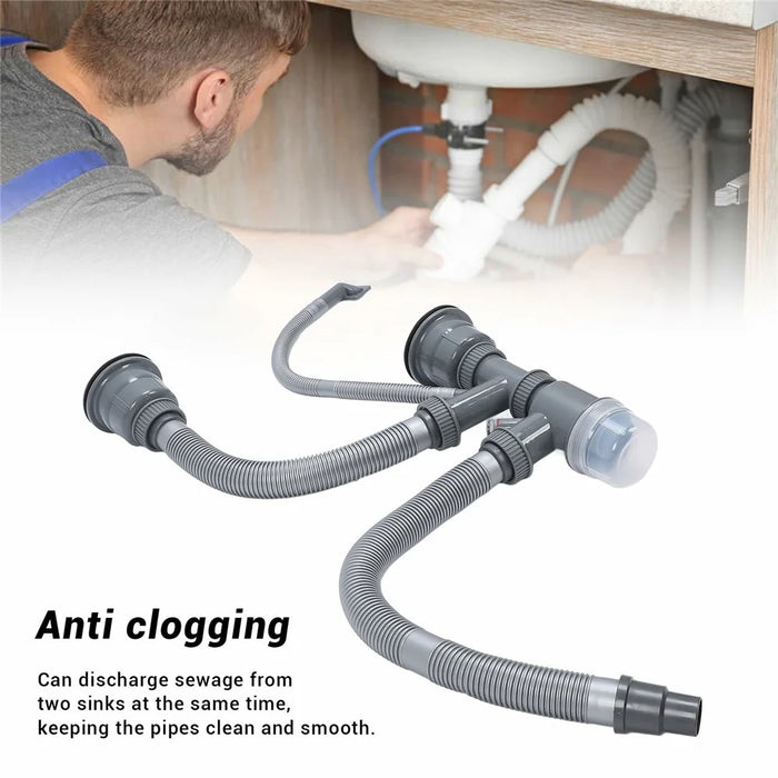Double Kitchen Sinks Drain Kit Flexible Sink Drain Pipe with Anti-Odor Sealing - 2