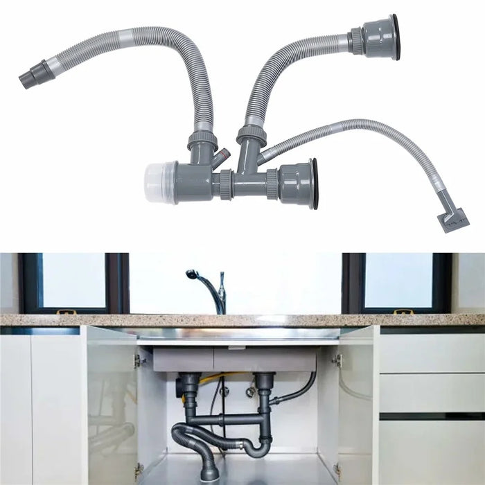Double Kitchen Sinks Drain Kit Flexible Sink Drain Pipe with Anti-Odor Sealing - 4