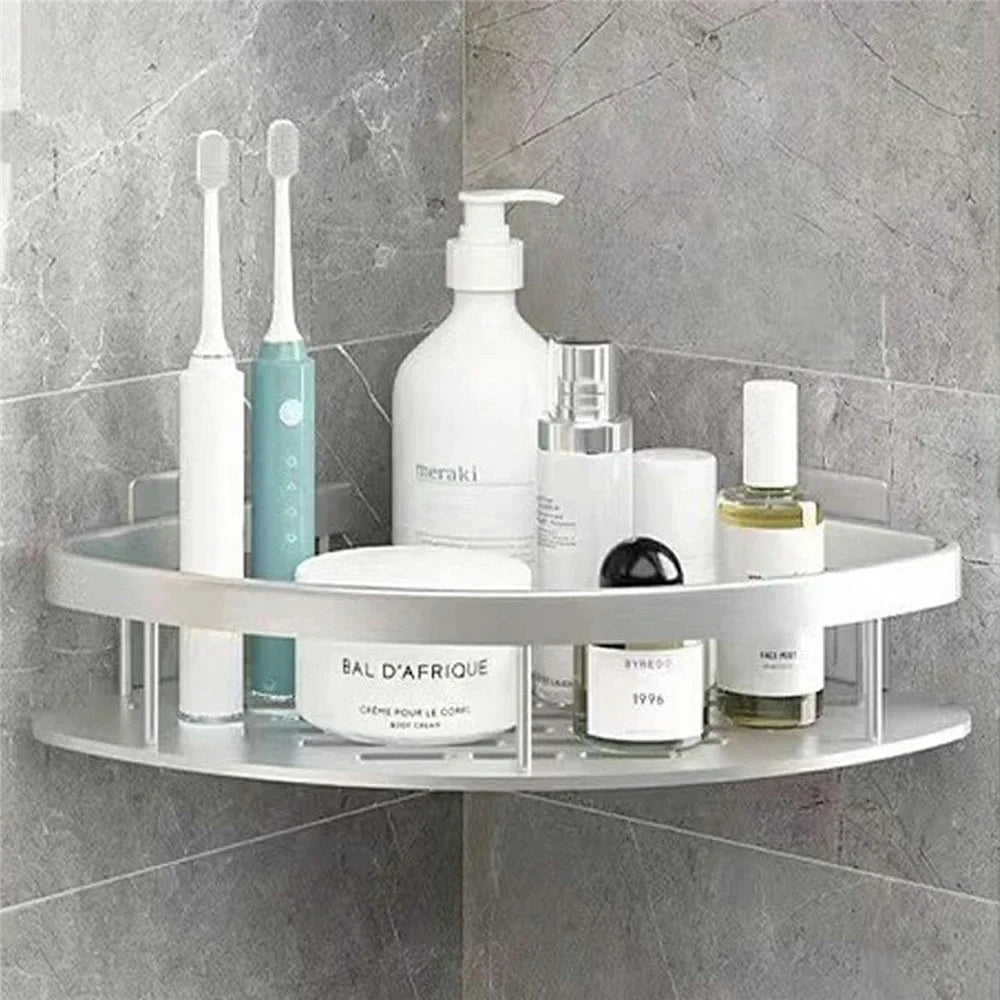 Space Aluminum Bathroom Corner Shelf Adhesive Wall Mount Shower Triangular Storage Rack - Silver - 1