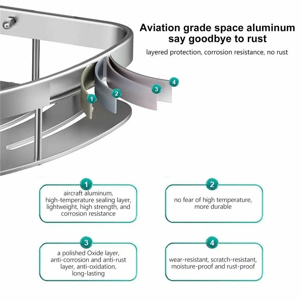 Space Aluminum Bathroom Corner Shelf Adhesive Wall Mount Shower Triangular Storage Rack - Silver - 2