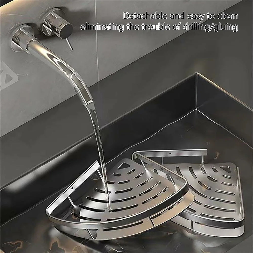 Space Aluminum Bathroom Corner Shelf Adhesive Wall Mount Shower Triangular Storage Rack - Silver - 3