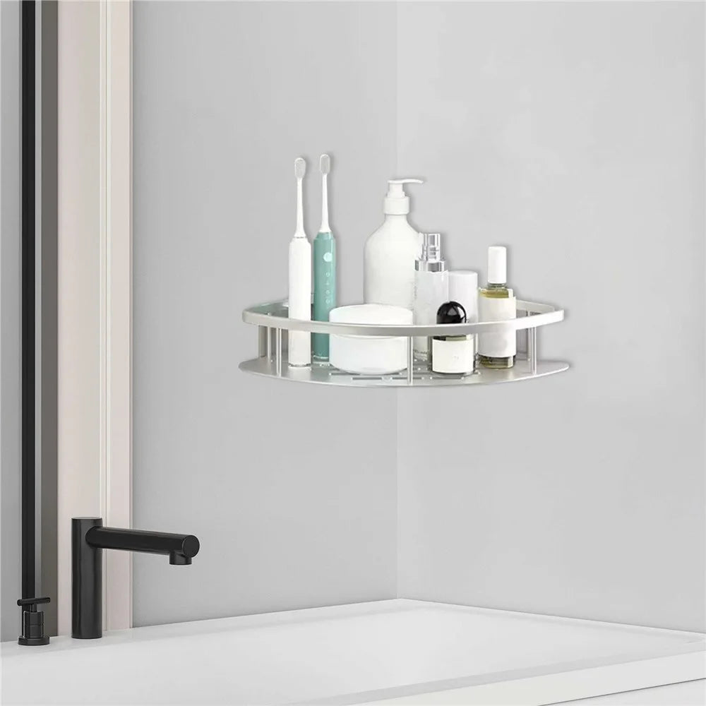 Space Aluminum Bathroom Corner Shelf Adhesive Wall Mount Shower Triangular Storage Rack - Silver - 5
