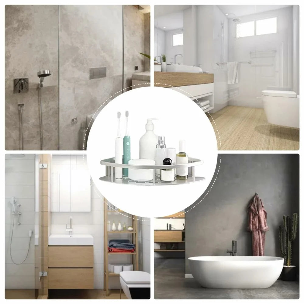 Space Aluminum Bathroom Corner Shelf Adhesive Wall Mount Shower Triangular Storage Rack - Silver - 6