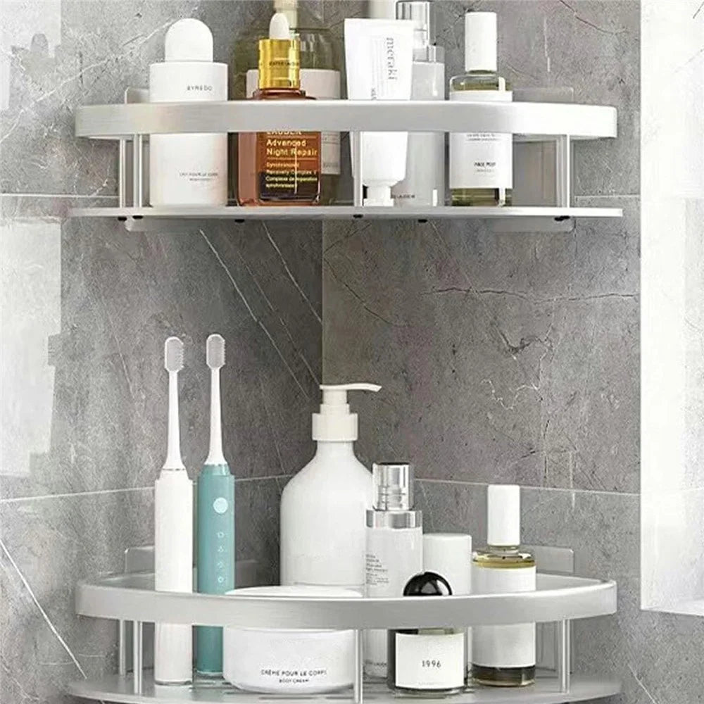Space Aluminum Bathroom Corner Shelf Adhesive Wall Mount Shower Triangular Storage Rack - Silver - 7