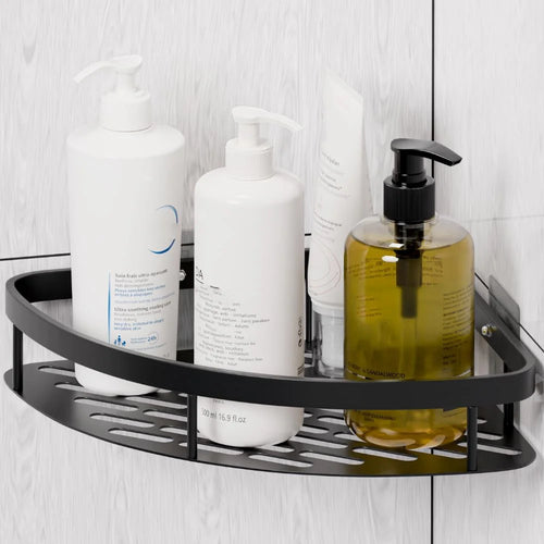 Space Aluminum Bathroom Corner Shelf Adhesive Wall Mount Shower Shampoo Triangular Storage Rack - Black - 1