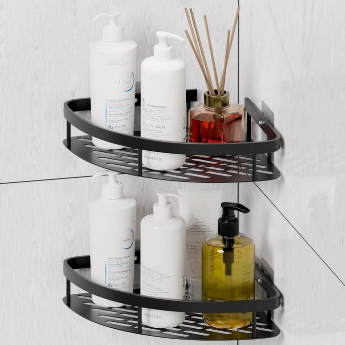 Space Aluminum Bathroom Corner Shelf Adhesive Wall Mount Shower Shampoo Triangular Storage Rack - Black - 2