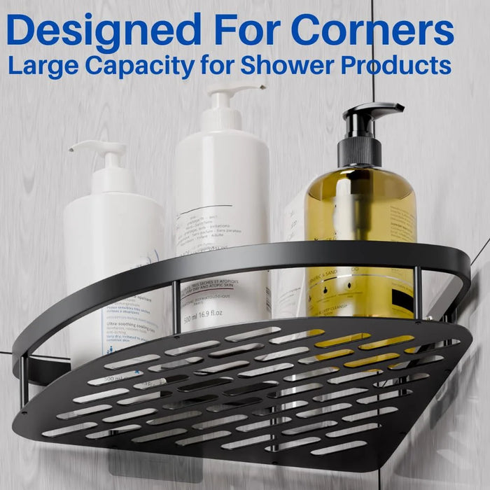 Space Aluminum Bathroom Corner Shelf Adhesive Wall Mount Shower Shampoo Triangular Storage Rack - Black - 3