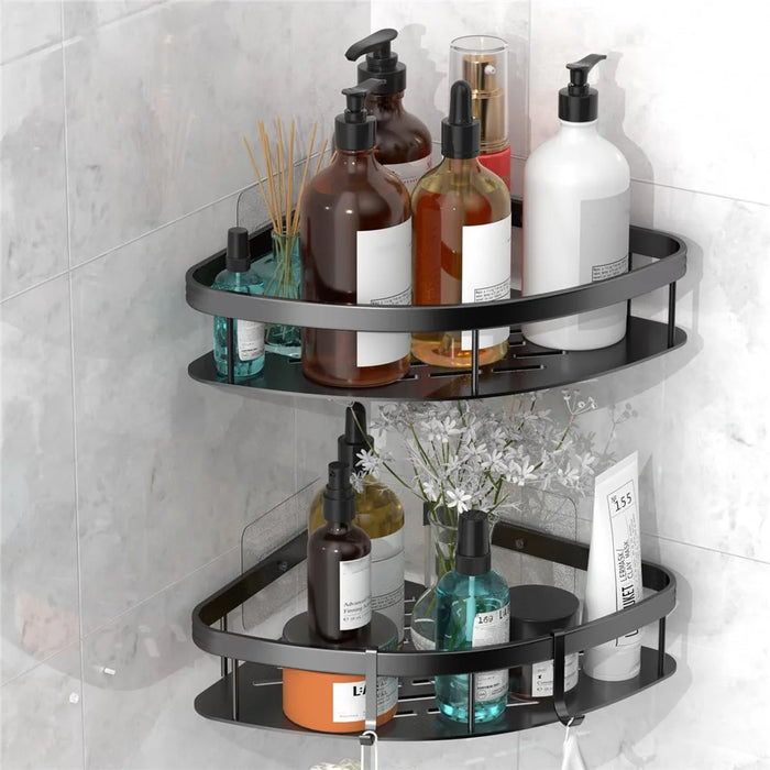 Space Aluminum Bathroom Corner Shelf Adhesive Wall Mount Shower Shampoo Triangular Storage Rack - Black - 4