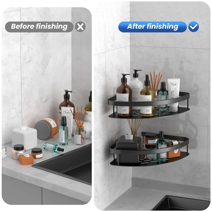 Space Aluminum Bathroom Corner Shelf Adhesive Wall Mount Shower Shampoo Triangular Storage Rack - Black - 5