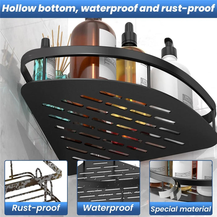 Space Aluminum Bathroom Corner Shelf Adhesive Wall Mount Shower Shampoo Triangular Storage Rack - Black - 6