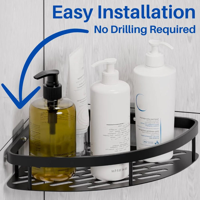 Space Aluminum Bathroom Corner Shelf Adhesive Wall Mount Shower Shampoo Triangular Storage Rack - Black - 7
