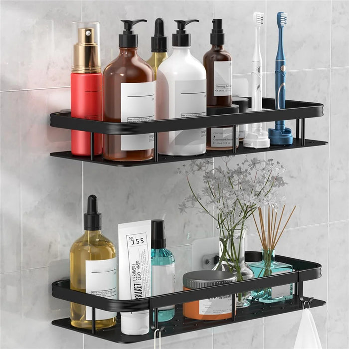 Bathroom Aluminum Shelf Shower No Drill Wall Mounted Organizer Rectangular Storage Rack - Black - 2