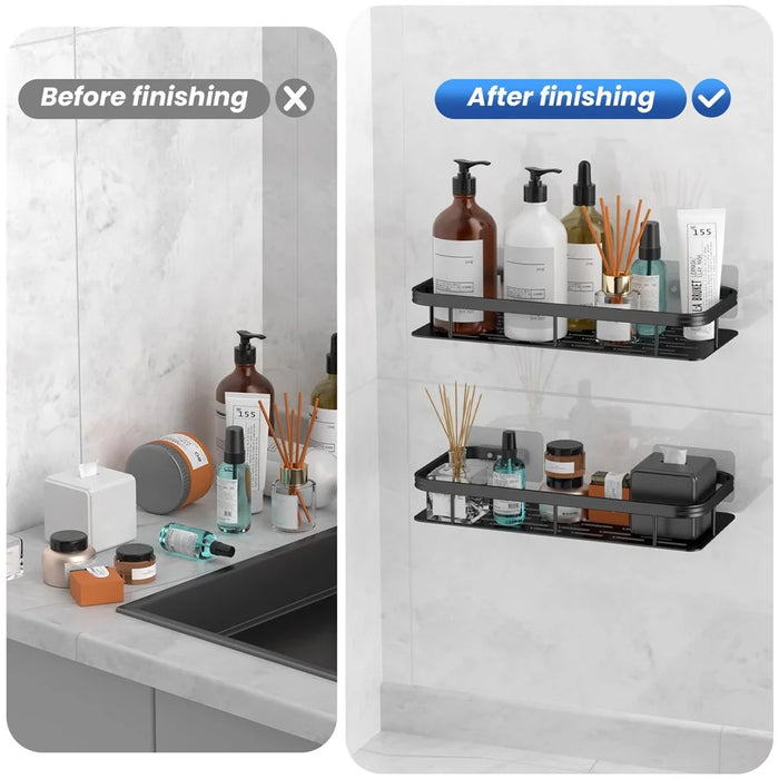 Bathroom Aluminum Shelf Shower No Drill Wall Mounted Organizer Rectangular Storage Rack - Black - 3