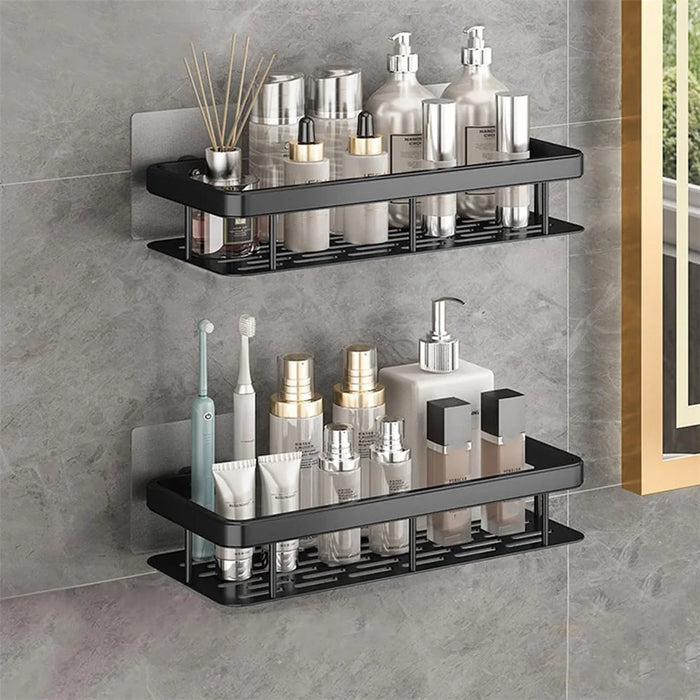 Bathroom Aluminum Shelf Shower No Drill Wall Mounted Organizer Rectangular Storage Rack - Black - 5