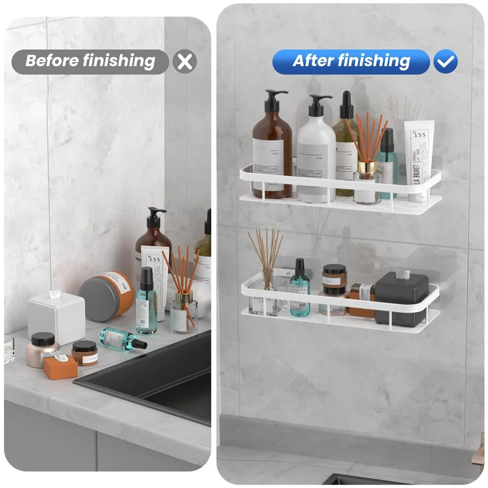 Bathroom Aluminum Shelf Shower No Drill Wall Mounted Organizer Rectangular Storage Rack - Silver - 4