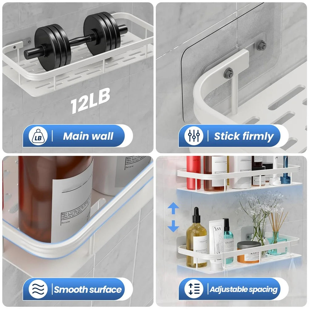 Bathroom Aluminum Shelf Shower No Drill Wall Mounted Organizer Rectangular Storage Rack - Silver - 7