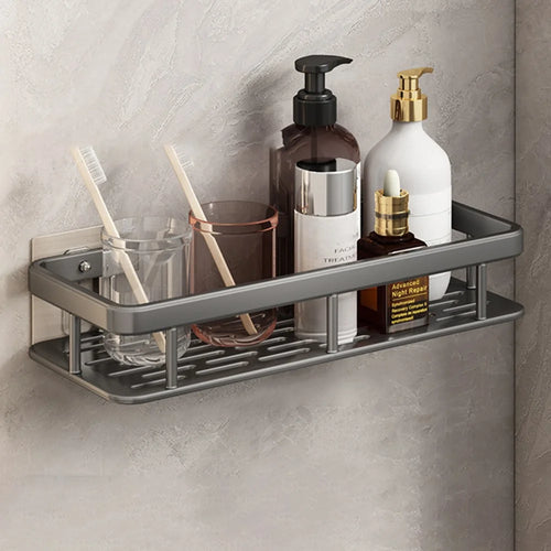 Bathroom Aluminum Shelf Shower No Drill Wall Mounted Organizer Rectangular Storage Rack - Grey - 1