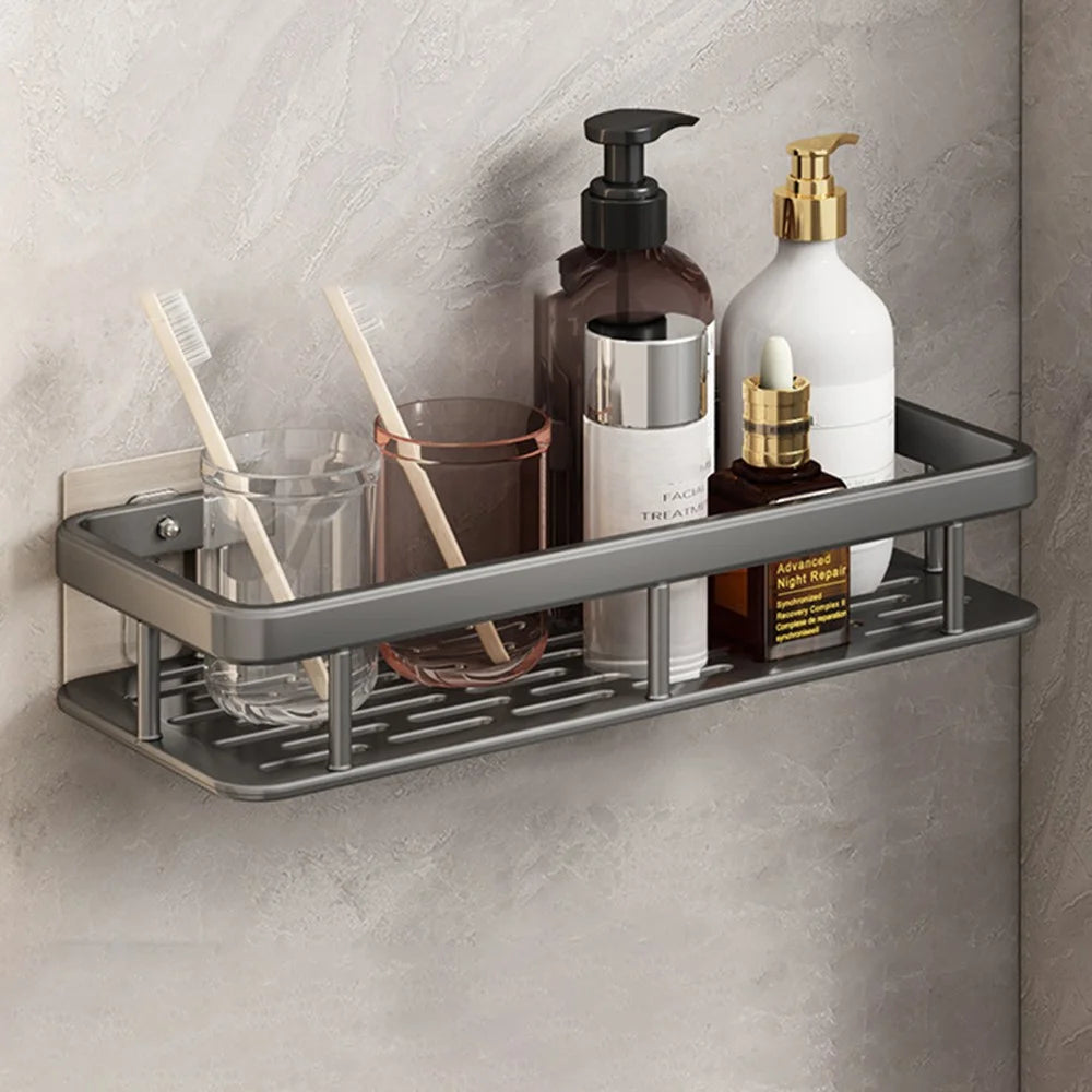 Bathroom Aluminum Shelf Shower No Drill Wall Mounted Organizer Rectangular Storage Rack - Grey - 1