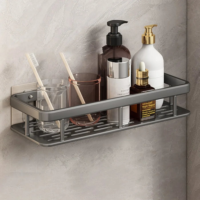 Bathroom Aluminum Shelf Shower No Drill Wall Mounted Organizer Rectangular Storage Rack - Grey - 1