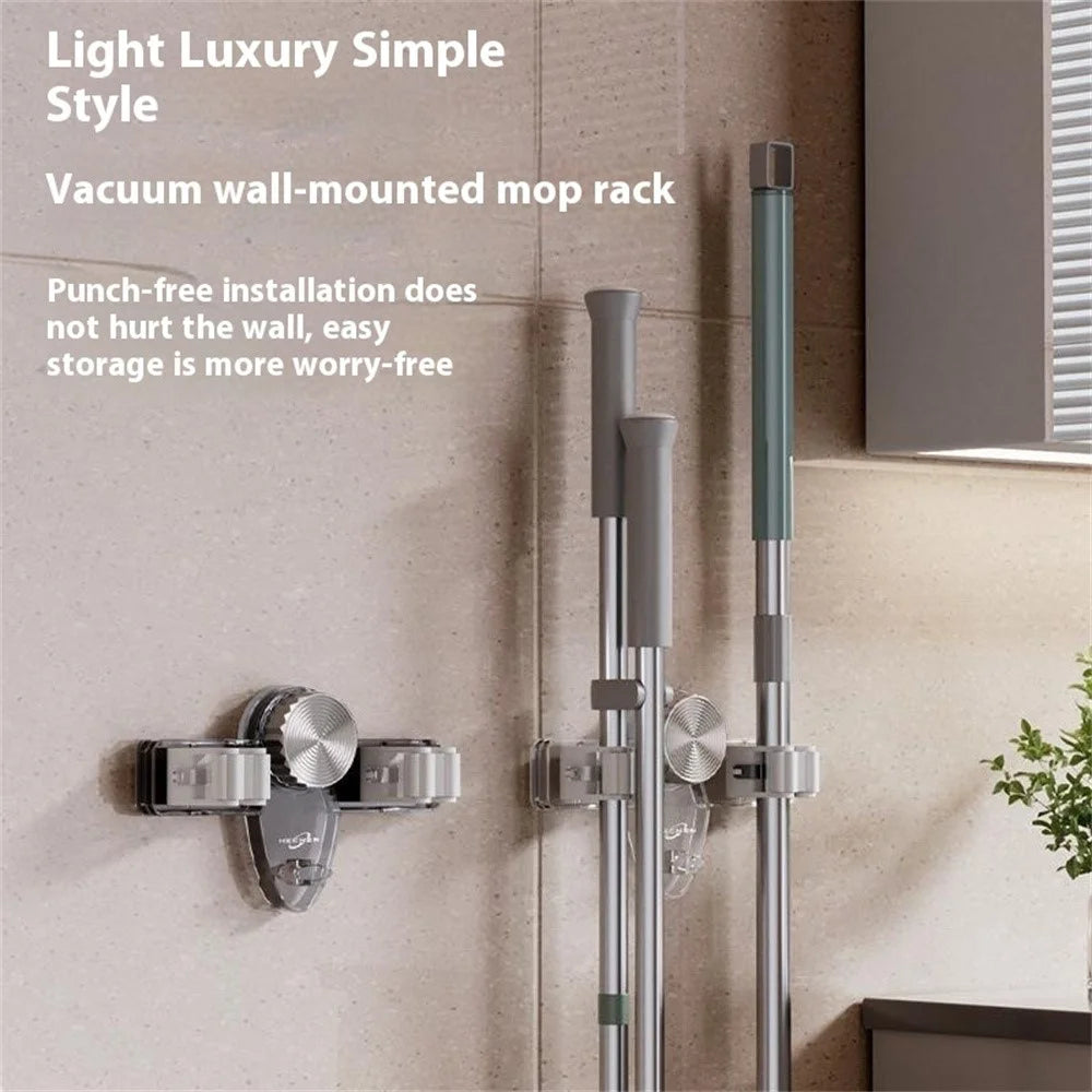 Suction Cup Mop Holder Hooks No Drill Wall Mount Removable Bathroom Organizer Storage Clip - Transparent Grey - 3