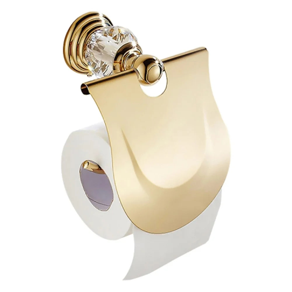 Stainless Steel Toilet Paper Holder Gold Plated Bathroom Tissue Roll Stand Wall Mount with Cover - 1