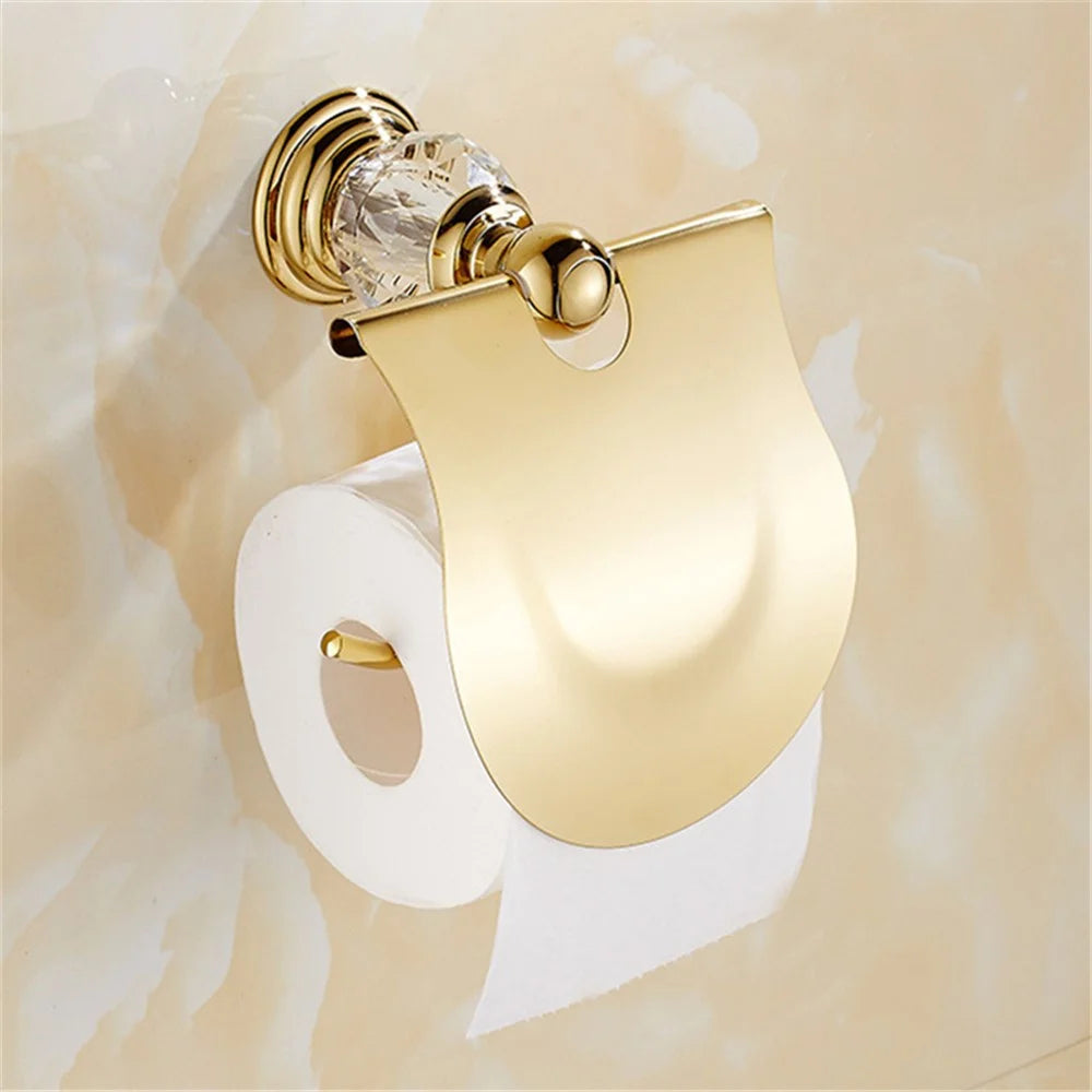 Stainless Steel Toilet Paper Holder Gold Plated Bathroom Tissue Roll Stand Wall Mount with Cover - 2