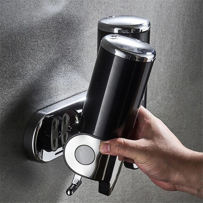 Double Head Soap Dispenser 1000ml Capacity Stainless Steel Manual Push Shampoo Shower Pump - Black - 3