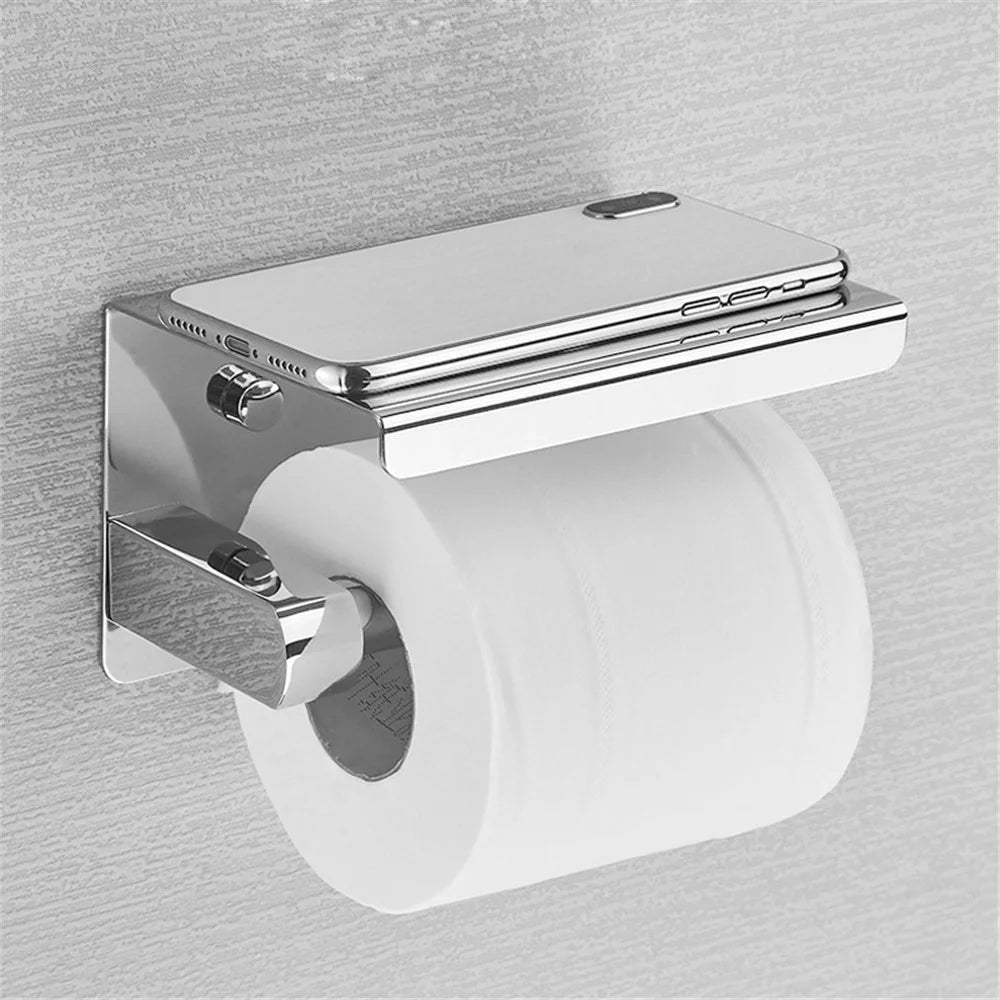 K56 304 Stainless Steel Toilet Paper Holder with Phone Shelf Roll Paper Dispenser Multipurpose Tissue Stand - 3