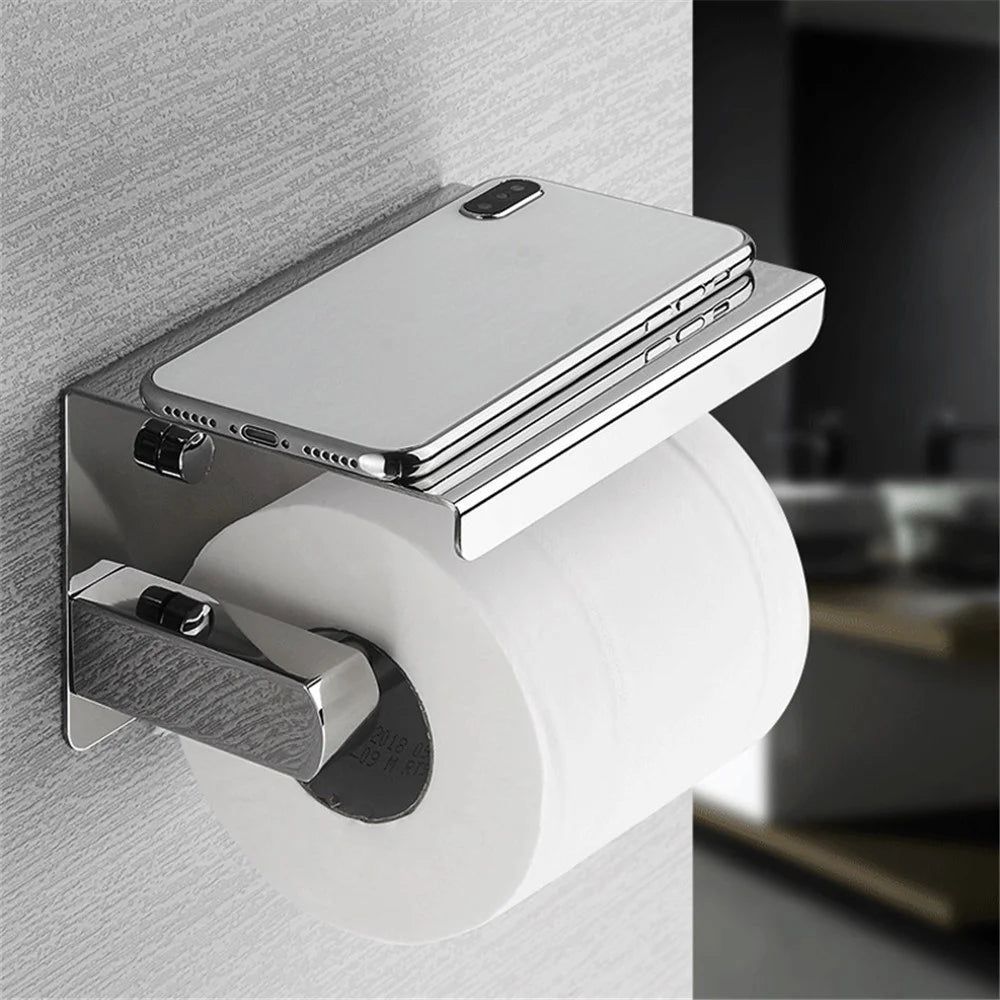 K56 Toilet Paper Holder with Phone Shelf 201 Stainless Steel Tissue Roll Stand for Bathroom Kitchen Washroom - 2