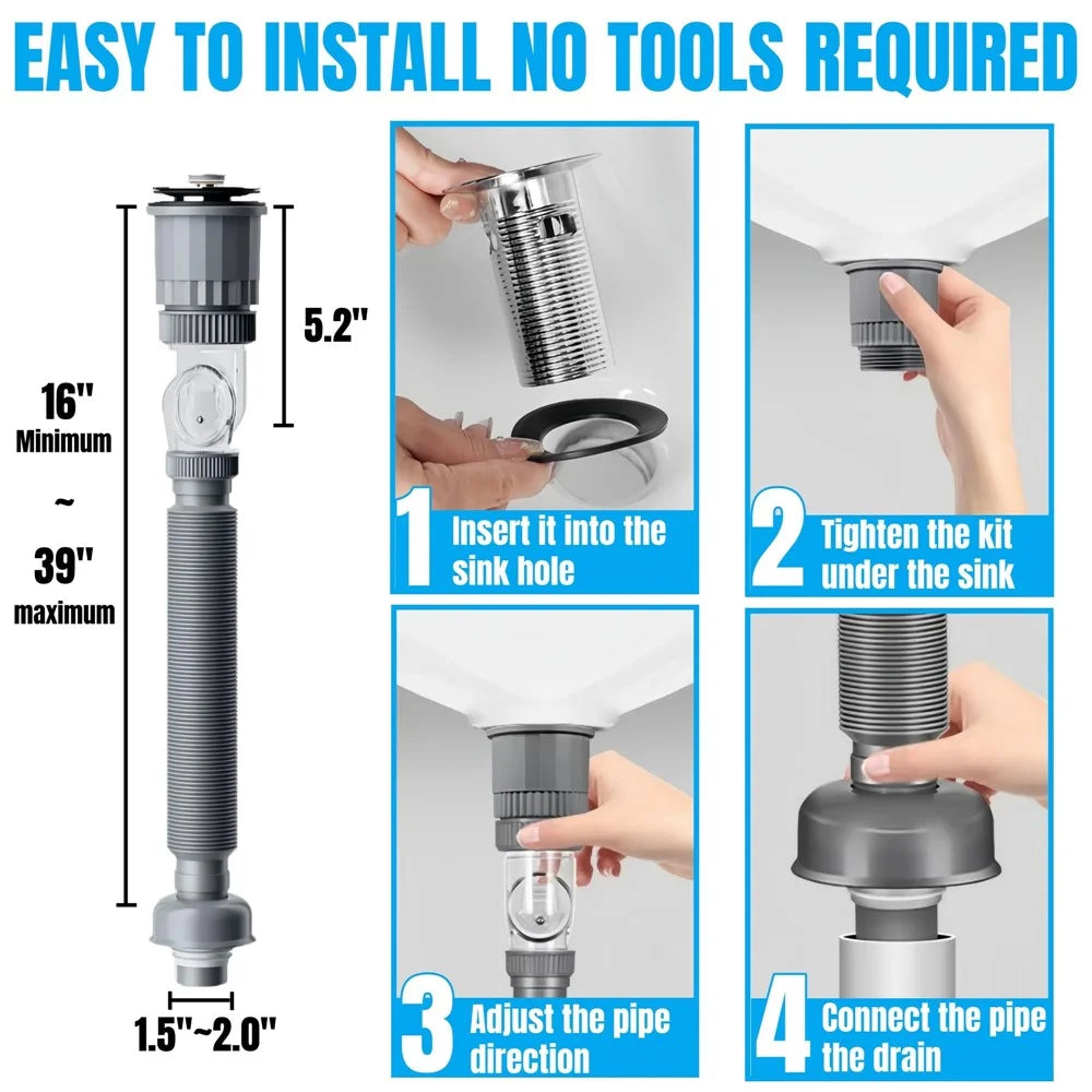 Sink Drain Pipe Kit Anti-Odor Flexible P-Trap Plumbing for Bathroom  /  Kitchen Basin Vanity - 6