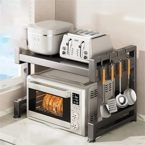 60cm Multifunctional Kitchen Microwave Oven Top Rack Carbon Steel Countertop Storage Shelf with 6 Hooks - 1