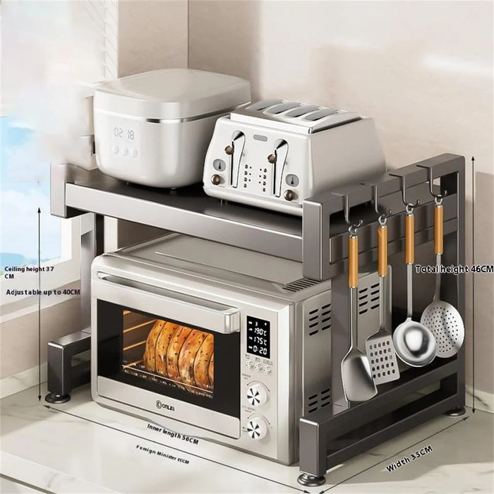 60cm Multifunctional Kitchen Microwave Oven Top Rack Carbon Steel Countertop Storage Shelf with 6 Hooks - 4
