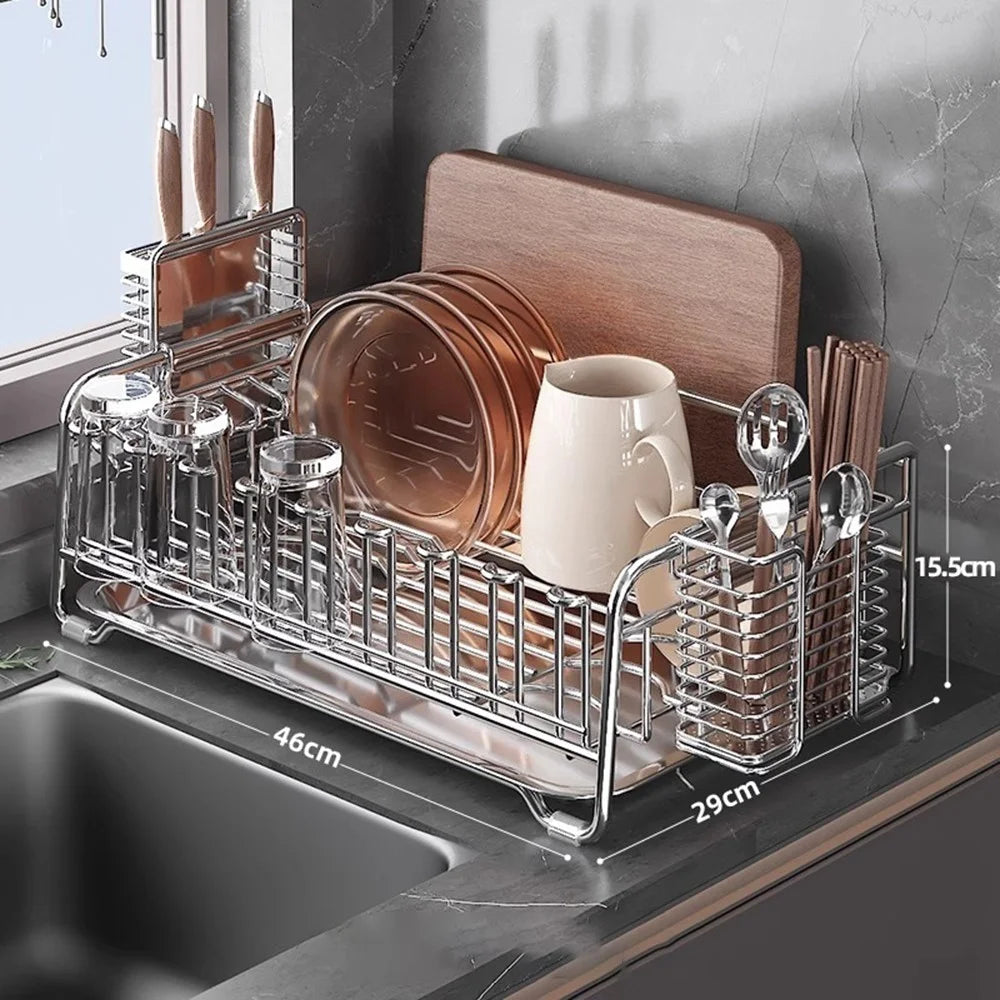 304 Stainless Steel Dish Drying Rack Bowls Plates Cups Cutlery Kitchen Storage Organizer, 46x29cm - 5