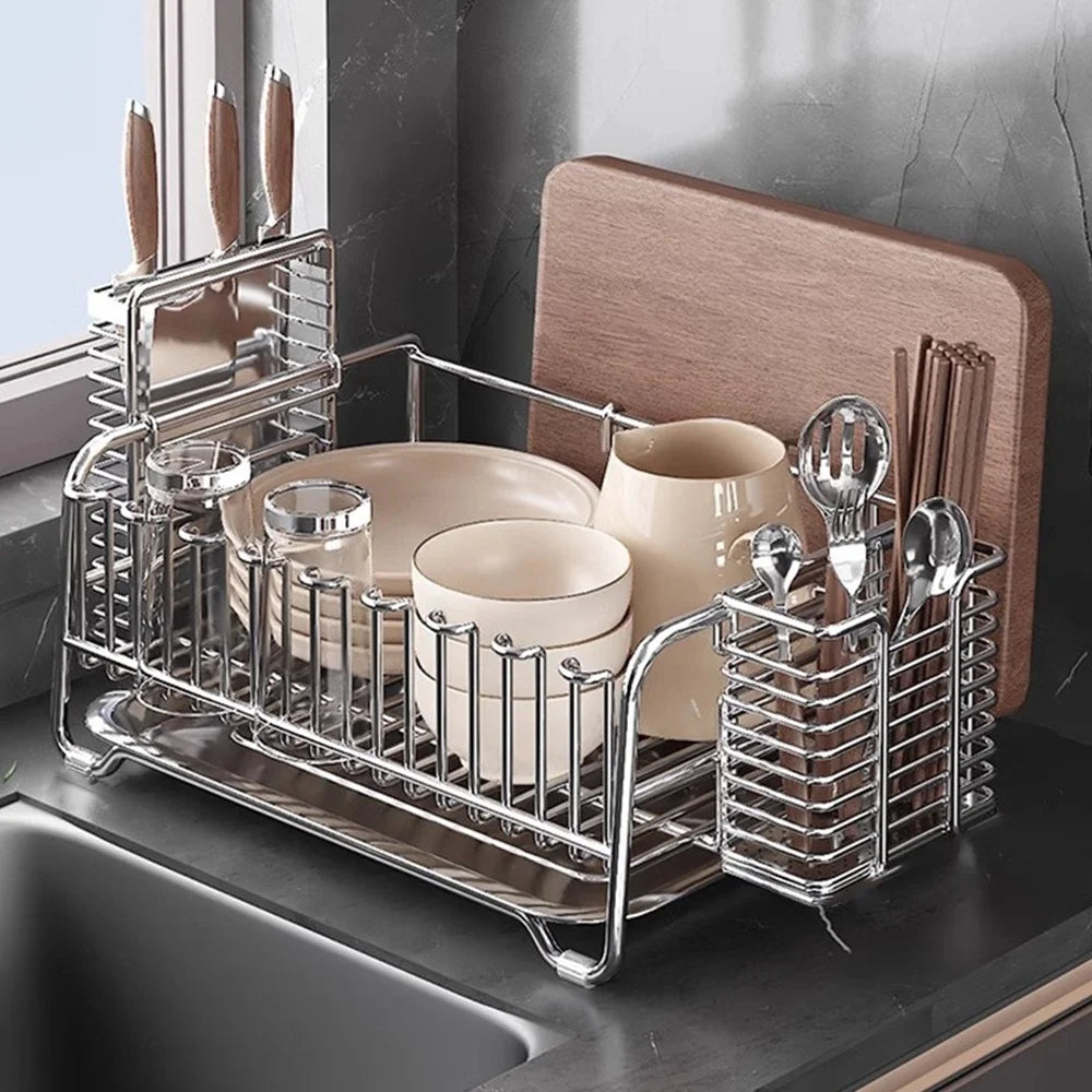 304 Stainless Steel Dish Drying Rack Bowls Plates Cups Cutlery Kitchen Storage Organizer, 36x25.5cm - 1