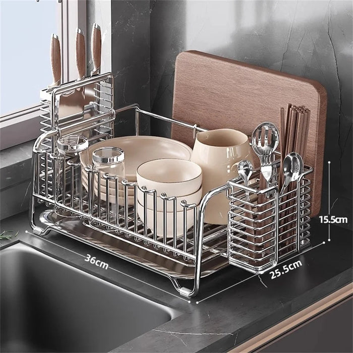 304 Stainless Steel Dish Drying Rack Bowls Plates Cups Cutlery Kitchen Storage Organizer, 36x25.5cm - 6