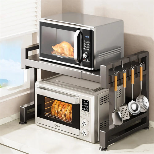 39-63cm Extendable Microwave Oven Rack Kitchen Carbon Steel Storage Shelf with 6 Hooks - 1