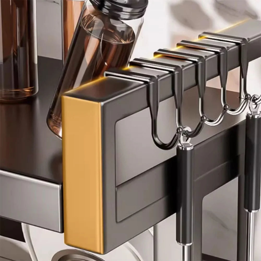 39-63cm Extendable Microwave Oven Rack Kitchen Carbon Steel Storage Shelf with 6 Hooks - 2