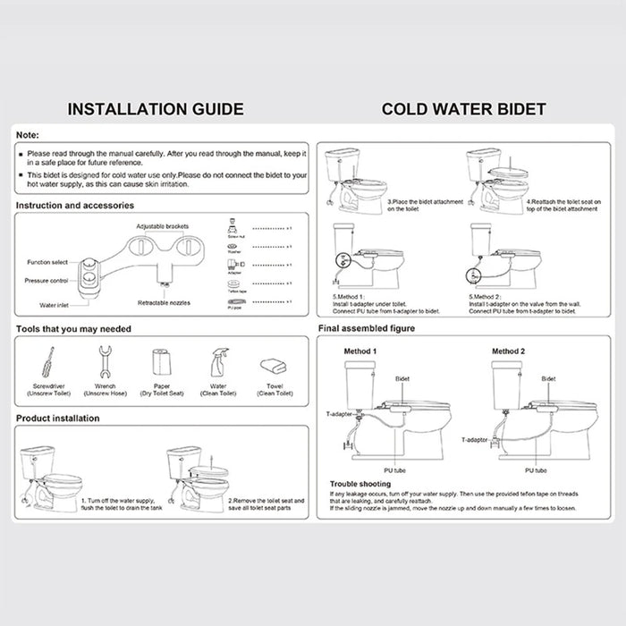 Smart Toilet Bidet Attachment Non-Electric Cold Water Dual Nozzle for Feminine Rear Cleaning -  Brass Joint - 7
