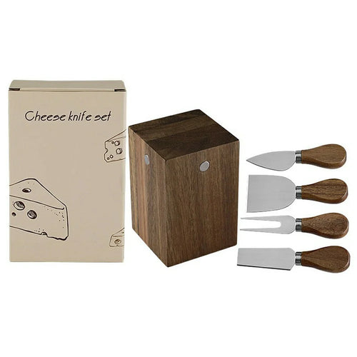 5Pcs Cheese Kitchen Knife Set 420 Stainless Steel Acacia Wood Handle Cutting Tool Kit with Magnetic Stand - QS01A35 / Silver - 1