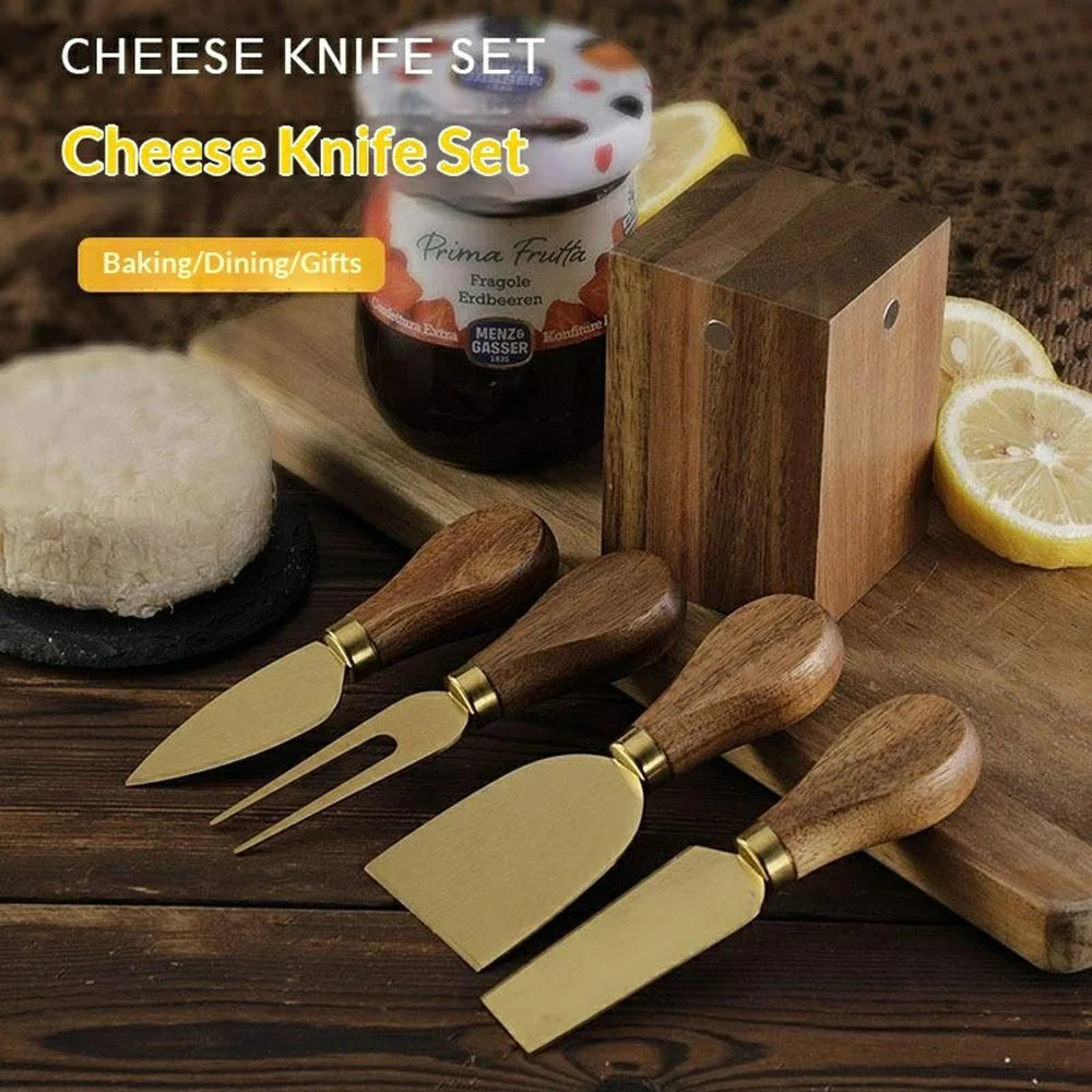 5Pcs Cheese Kitchen Knife Set 420 Stainless Steel Acacia Wood Handle Cutting Tool Kit with Magnetic Stand - QS01A35 / Silver - 2