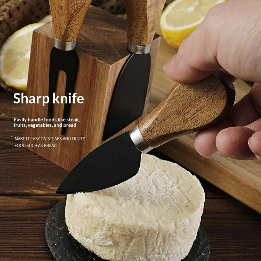 5Pcs Cheese Kitchen Knife Set 420 Stainless Steel Acacia Wood Handle Cutting Tool Kit with Magnetic Stand - QS01A35 / Silver - 3
