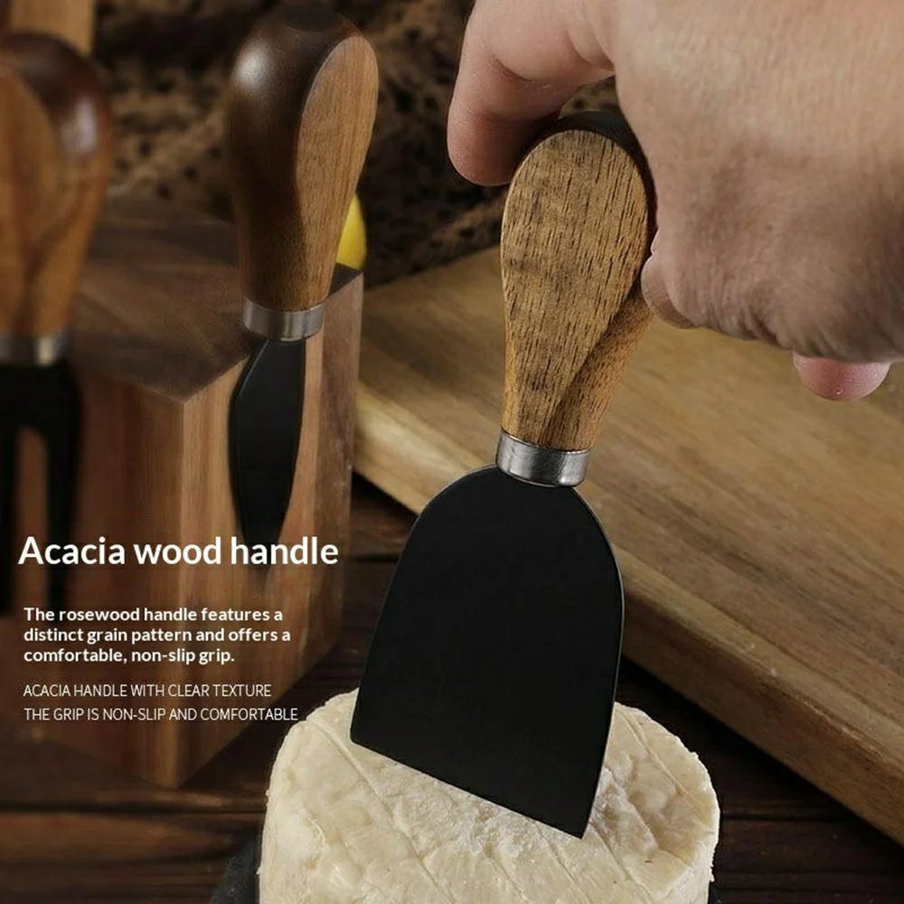 5Pcs Cheese Kitchen Knife Set 420 Stainless Steel Acacia Wood Handle Cutting Tool Kit with Magnetic Stand - QS01A35 / Silver - 4