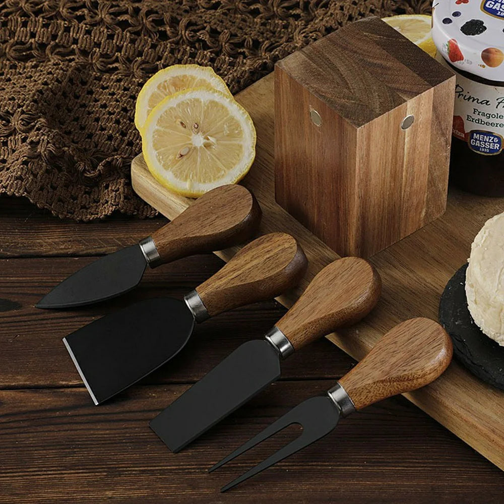 5Pcs Cheese Kitchen Knife Set 420 Stainless Steel Acacia Wood Handle Cutting Tool Kit with Magnetic Stand - QS01A35 / Silver - 5
