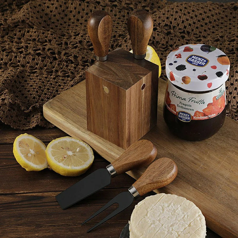 5Pcs Cheese Kitchen Knife Set 420 Stainless Steel Acacia Wood Handle Cutting Tool Kit with Magnetic Stand - QS01A35 / Silver - 6