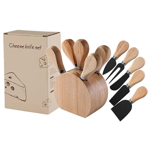 6Pcs Rubber Wood Handle Stainless Steel Cheese Knife Set with Storage Base for Kitchen Restaurant (BPA Free, No FDA) - Black - 1