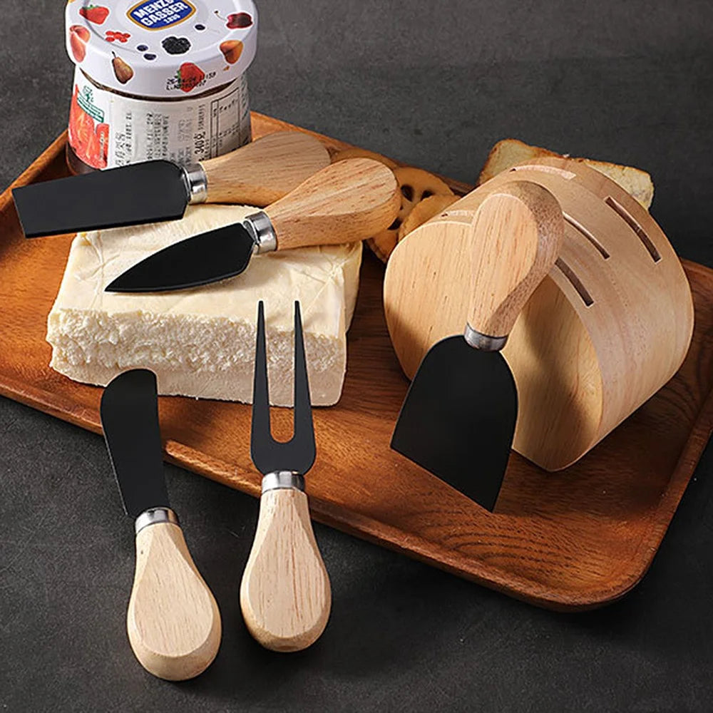 6Pcs Rubber Wood Handle Stainless Steel Cheese Knife Set with Storage Base for Kitchen Restaurant (BPA Free, No FDA) - Black - 3