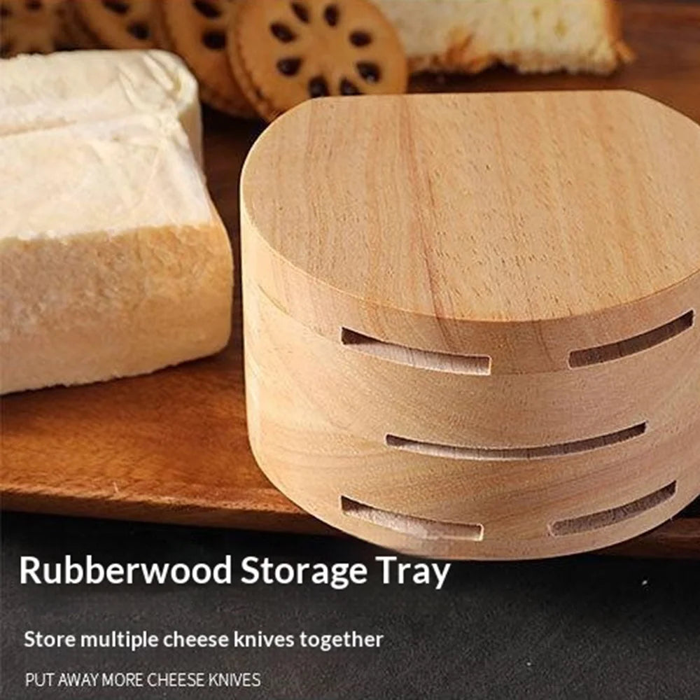 6Pcs Rubber Wood Handle Stainless Steel Cheese Knife Set with Storage Base for Kitchen Restaurant (BPA Free, No FDA) - Black - 4