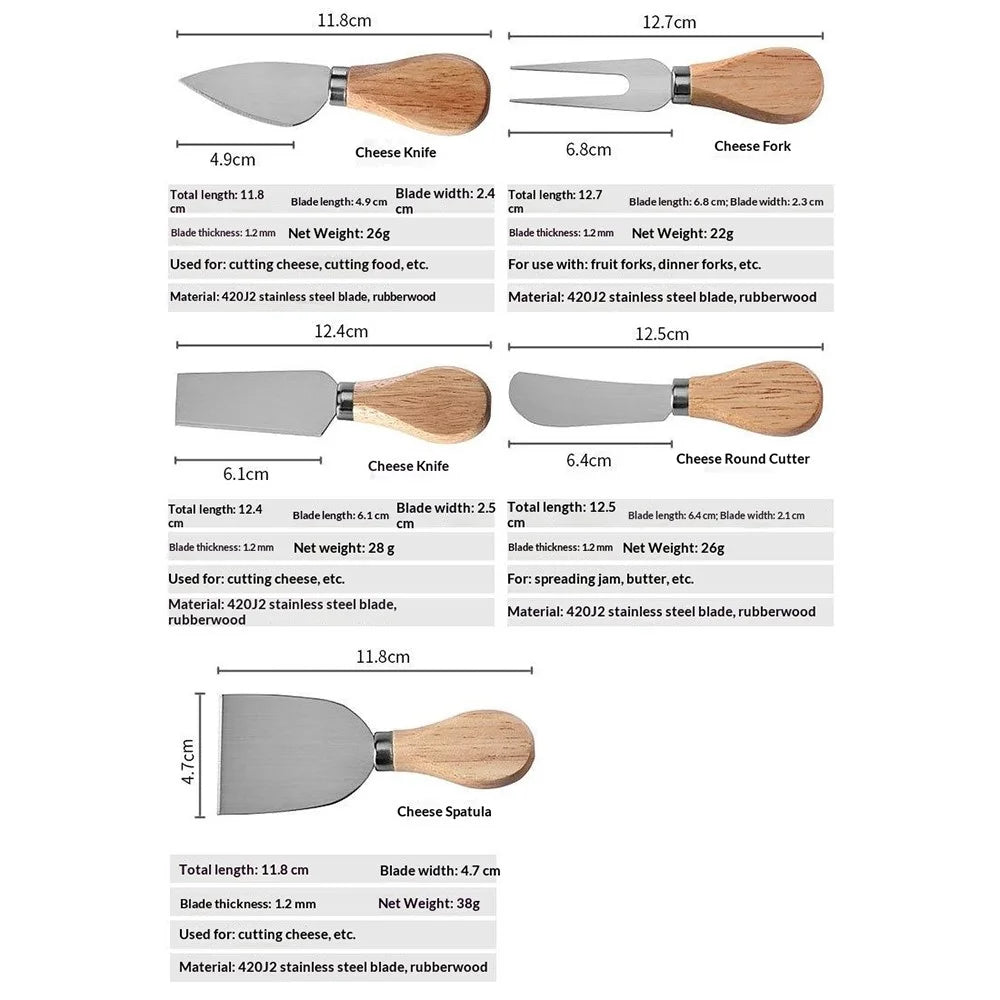 6Pcs Rubber Wood Handle Stainless Steel Cheese Knife Set with Storage Base for Kitchen Restaurant (BPA Free, No FDA) - Black - 6