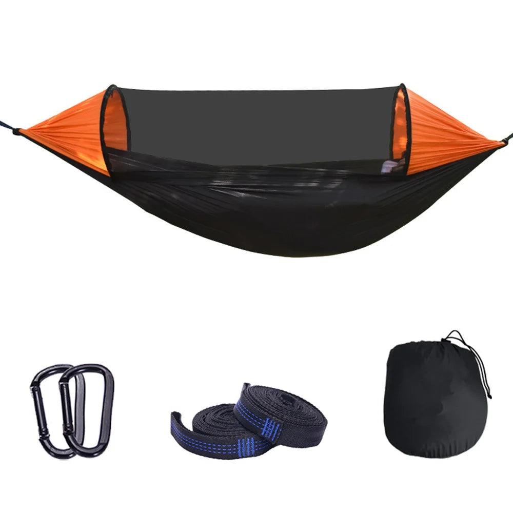 RYDC-012 280x140cm Outdoor Quick Open 210T Nylon Hammock Anti-rollover Camping Hanging Swing Bed with Zipper Mosquito Net - Black / Orange - 1