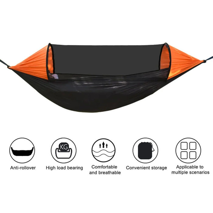 RYDC-012 280x140cm Outdoor Quick Open 210T Nylon Hammock Anti-rollover Camping Hanging Swing Bed with Zipper Mosquito Net - Black / Orange - 3